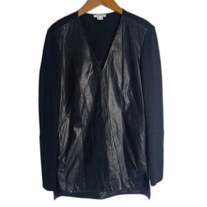 Helmut Lang Black Vneck Cow Leather & Wool Long Sleeve Tunic Top Size Small